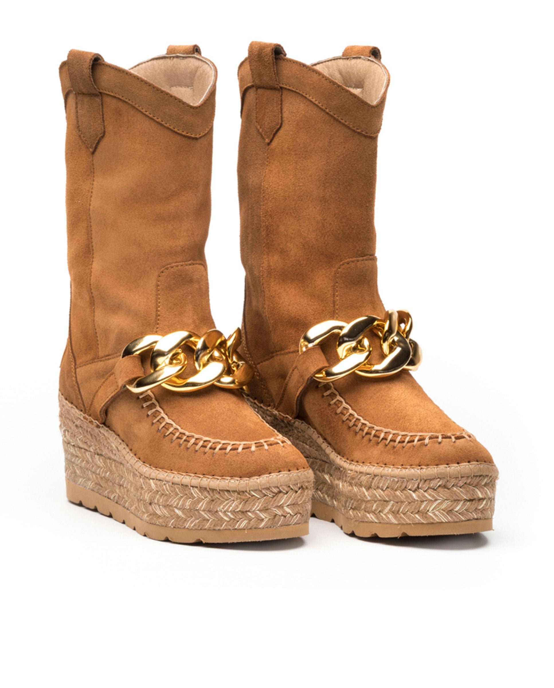 Bota cowboy cadena en serraje camel Creta