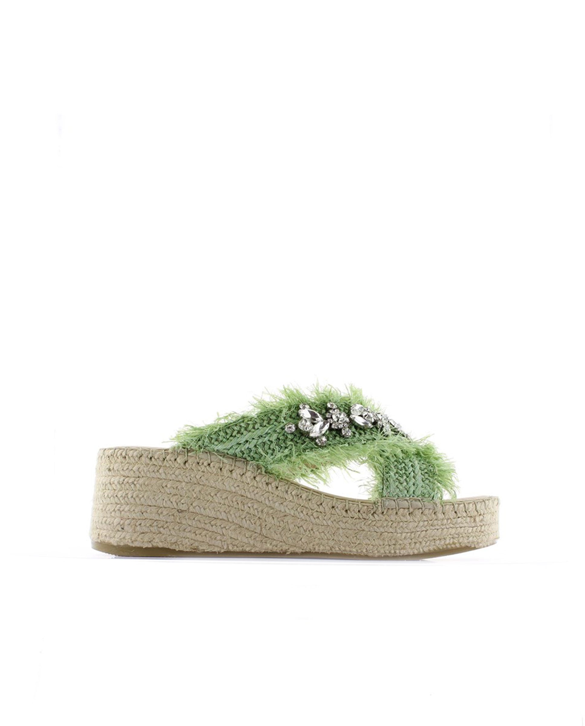 Zueco cruzado en rafia cristal verde Vinci