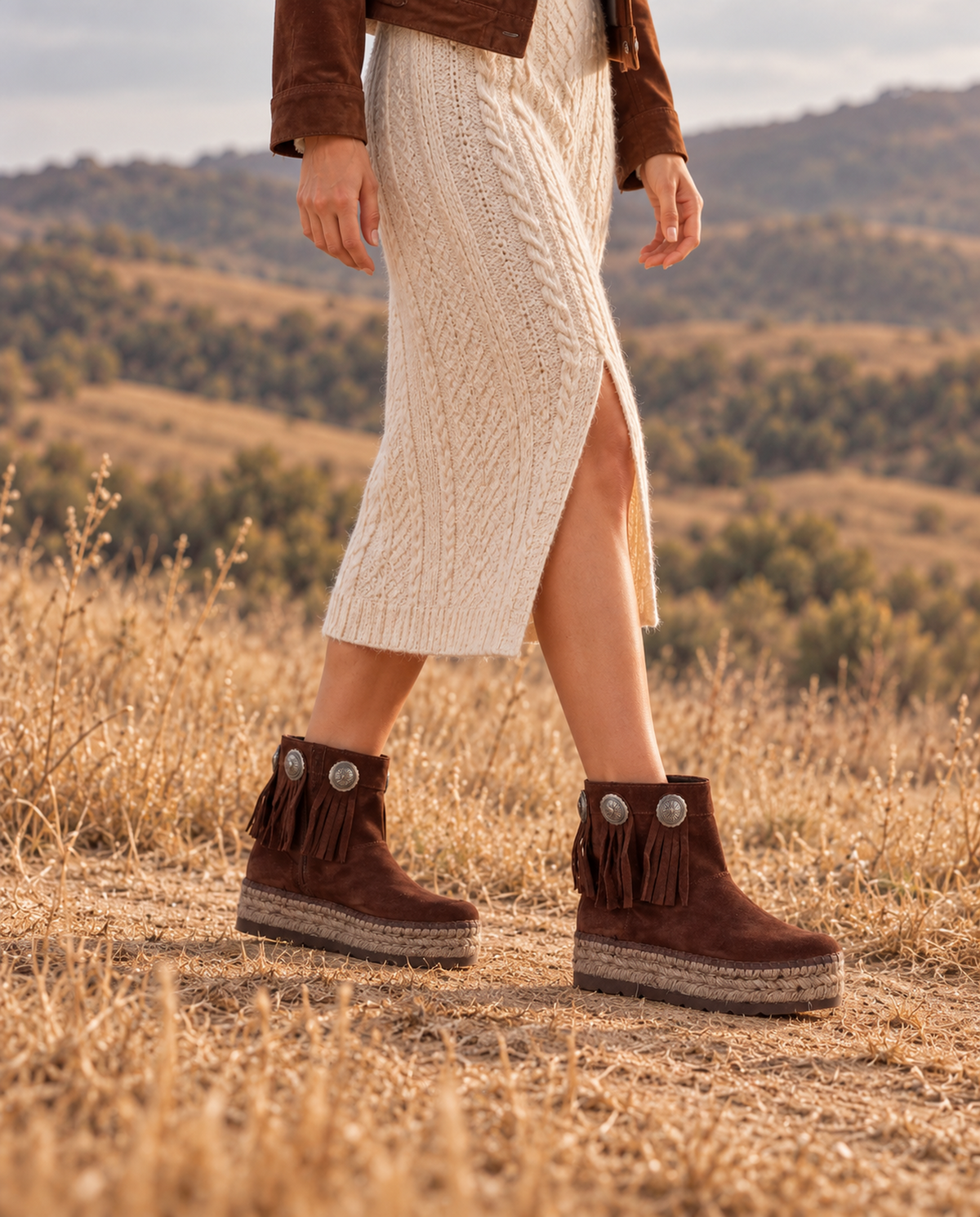 BOTA BAJA BOHO EN SERRAJE MARRON MERCE DOBLE